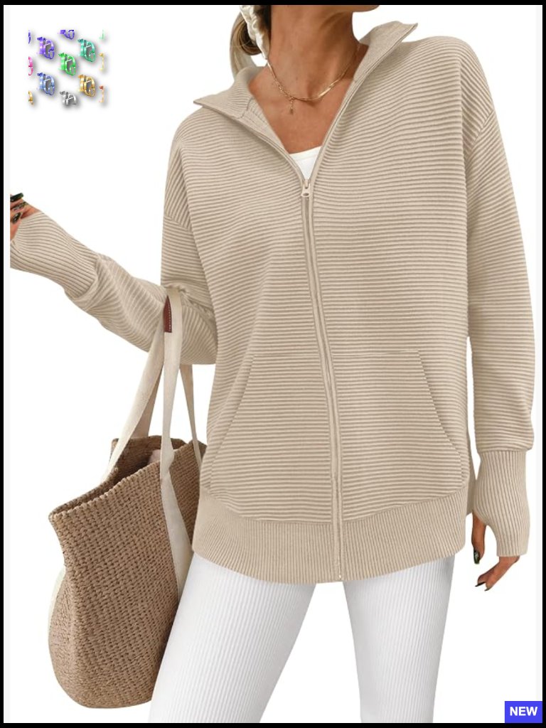 Zip Up Cardigan Sweater Casual Loose Collared Ribbed Knit Long Sleeve Tunic